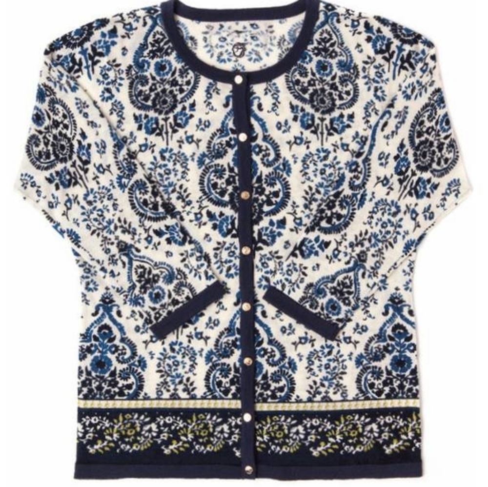 SOLD - Floral Patterned Blue and White Merino Wool Women's Sweater - XS, NWT